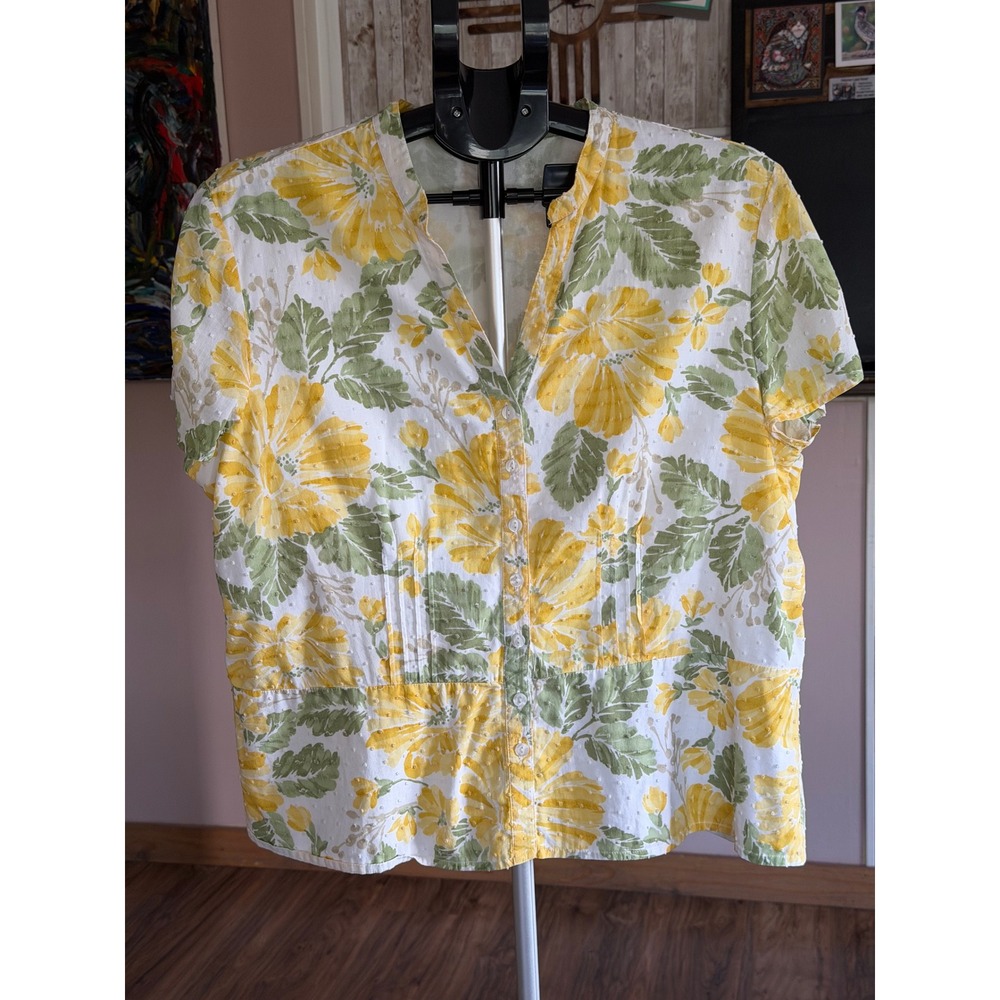 Farmhouse Cottagecore Yellow Floral Swiss Dot Peplum Cotton Blouse Pintuck Top